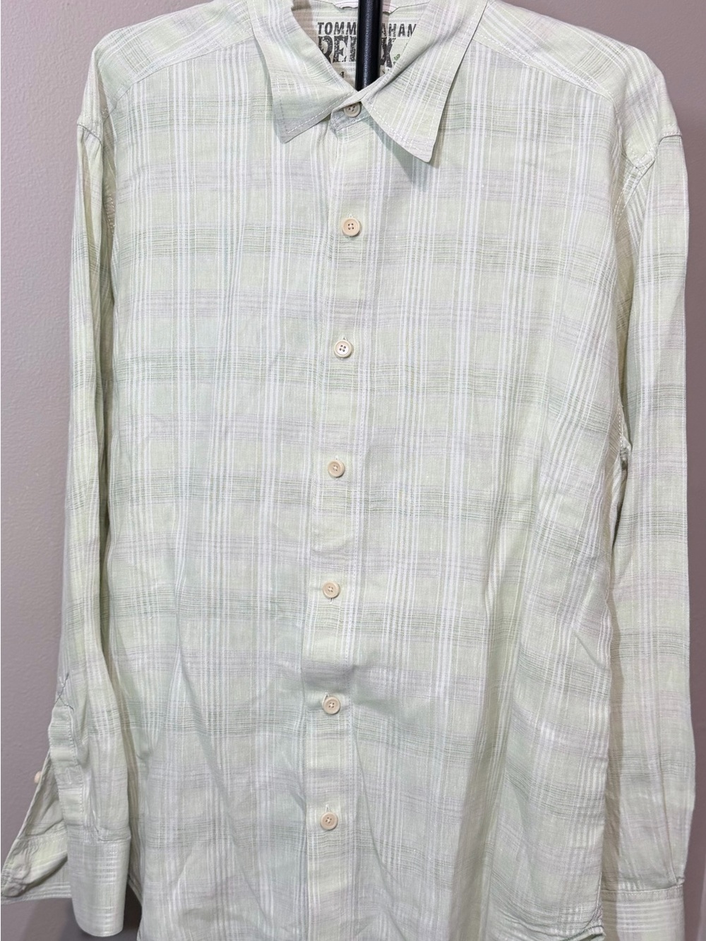 Tommy Bahama Men's Light Green Plaid Button-Up Shirt XL 100% Linen